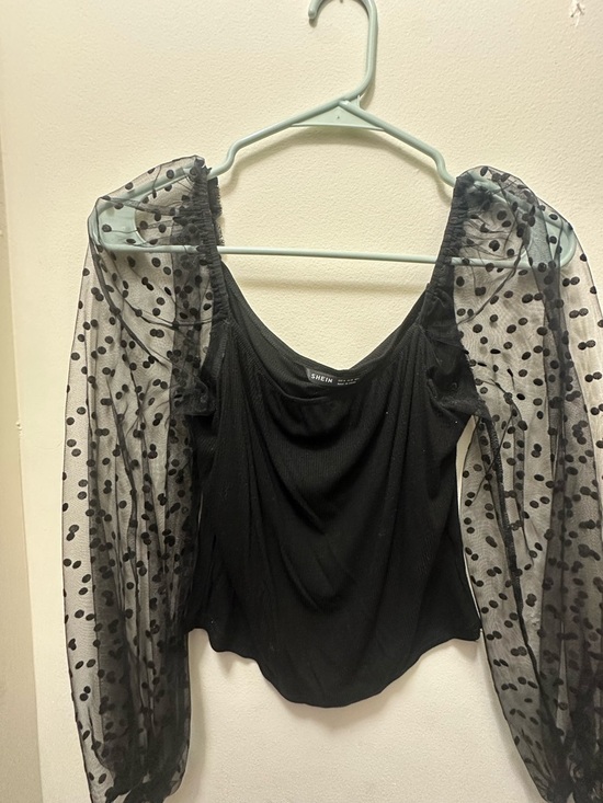 SHEIN Tops - SHEIN Black Polka Dot Sheer Puff Sleeve Top